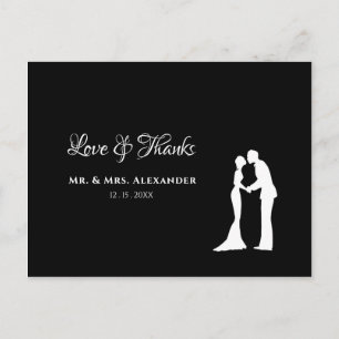 Cartão Postal Simple Wedding Thank You Black White Bride Groom