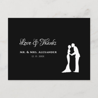 Cartão Postal Simple Wedding Thank You Black White Bride Groom