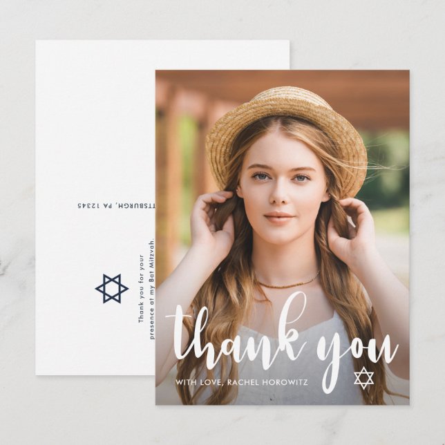 Cartão Postal Simples agradecimentos Bat Mitzvah Estrela de Davi (Frente/Verso)