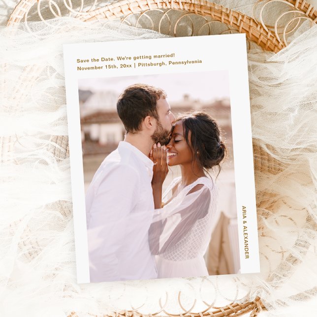 Cartão Postal Simples Casamento de Foto Dourado Mínimo Salve a D (Criador carregado)