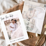 Cartão Postal Simples editável Salve a data e minimalista de fot<br><div class="desc">Casamento Salve os Cartões de Data que têm uma foto na frente e atrás. Os Cartões salve a data contêm uma moderna tipografia cursiva escrita escrita escrita escrita escrita escrita escrita escrita que é elegante,  simples e moderna a ser usada depois da simples celebração do dia de casamento minimalista.</div>