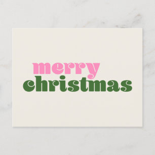 Cartão Postal Simples Feliz Natal Rosa Verde Retro Fofo
