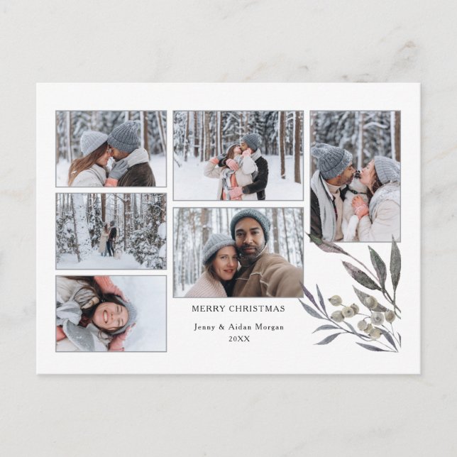 Cartão Postal Simples Holiday Watercolor Greenery 6-Foto (Frente)