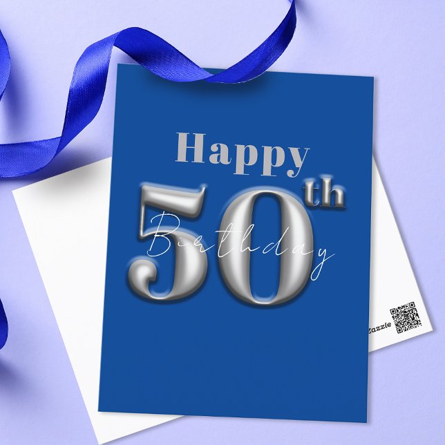 Cartão Postal Simples Moderno Azul Real e Prata 50º Aniversário (Criador carregado)