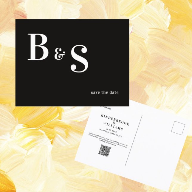 Cartão Postal Simples Moderno B/W Monograma Código QR Salvar Dat (Criador carregado)