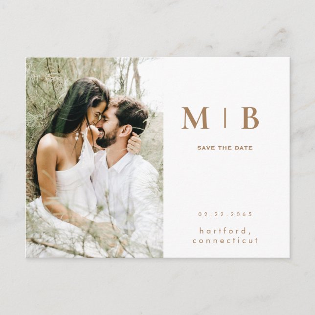 Cartão Postal Simples Monograma de Ouro Branco Foto Save the Dat (Frente)