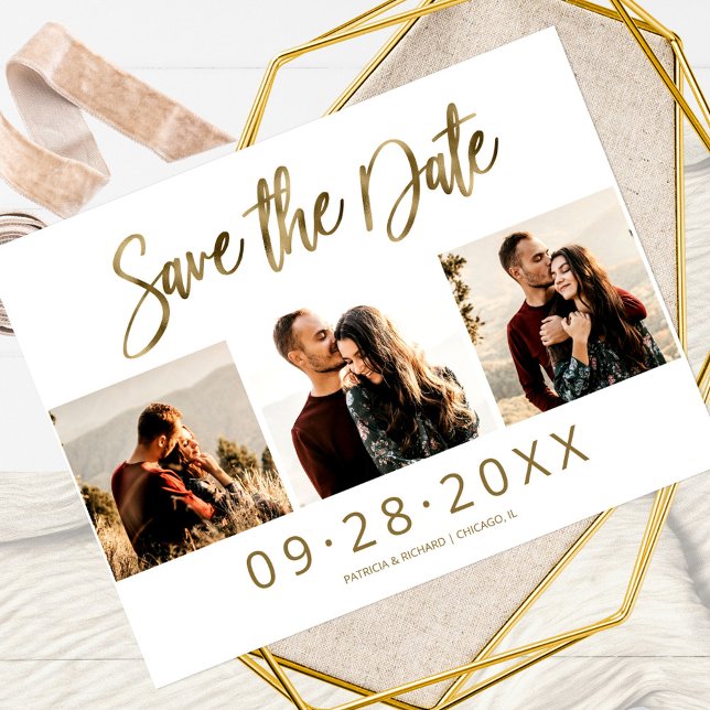 Cartão Postal Simples Salvar Data de Casamento 3 Colagem de Foto (Criador carregado)
