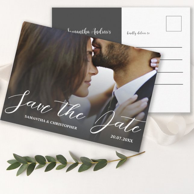 Cartão Postal Simples Save the Date de Casamento Preto e Branco  (Criador carregado)