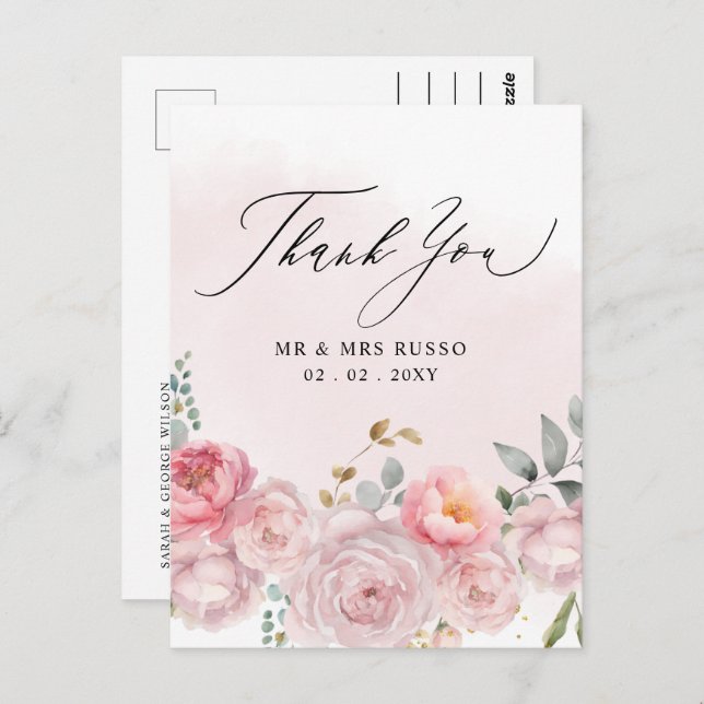 Cartão Postal Simples Script Elegante Blush Floral Obrigado (Frente/Verso)