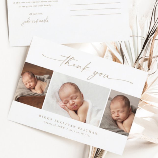 Cartão Postal Simples Script Photo Collage Baby Obrigado (Gold script 3 photo baby thank you cards.)