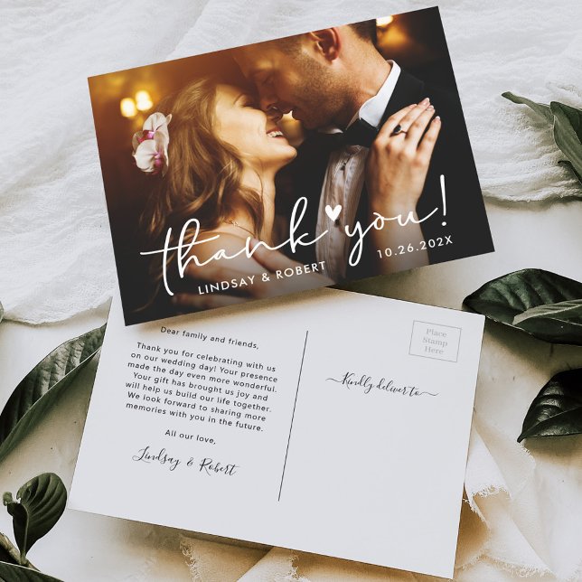 Cartão Postal Simply Chic Script Wedding Photo Thank You (Criador carregado)