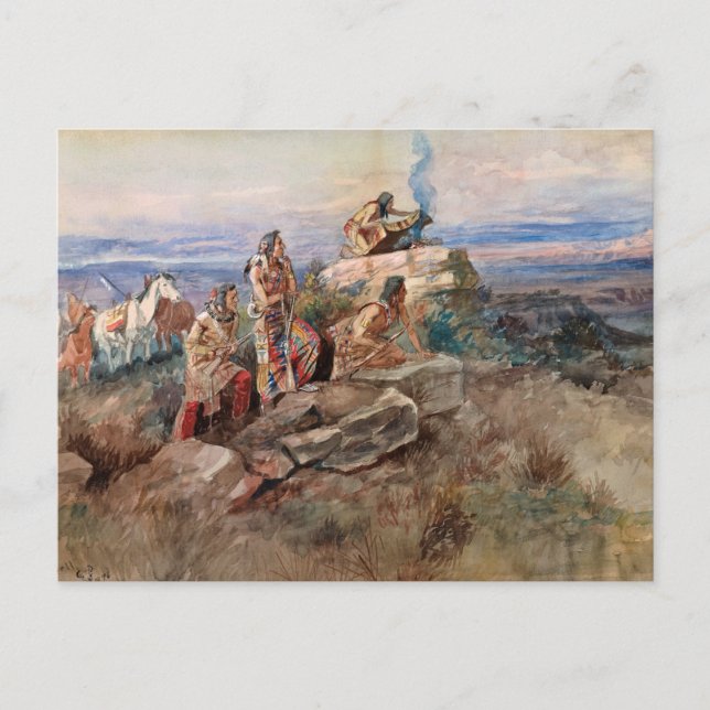 Cartão Postal Sinal de fumaça, 1896 por Charles Marion Russell (Frente)