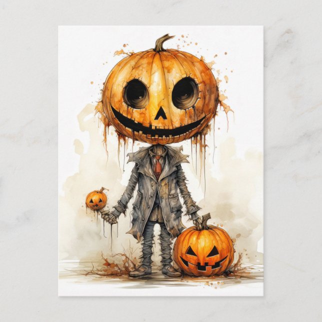 Cartão Postal Sinistro Homem Abóbora de Halloween Gótico (Frente)