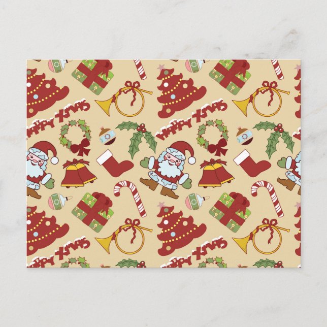 Cartão Postal Sinos de Natal, árvore e Papai Noel (Frente)