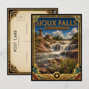 Cartão Postal Sioux Falls Dakota do Sul Arte Deco Vintage Dourad