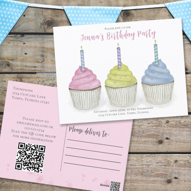 Cartão Postal Site de Código QR para Cupcakes de Aquarela de Nas (Criador carregado)