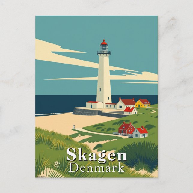 Cartão Postal Skagen, Dinamarca Lighthouse Retro Art (Frente)