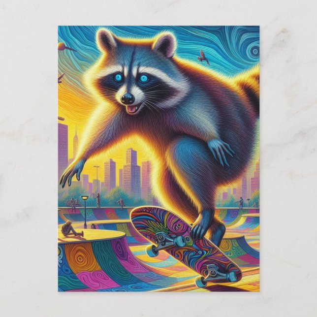 Cartão Postal Skate Surreal Adorable Raccoon (Frente)