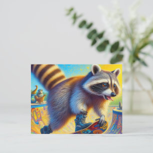 Cartão Postal Skateboard Adorable Raccoon