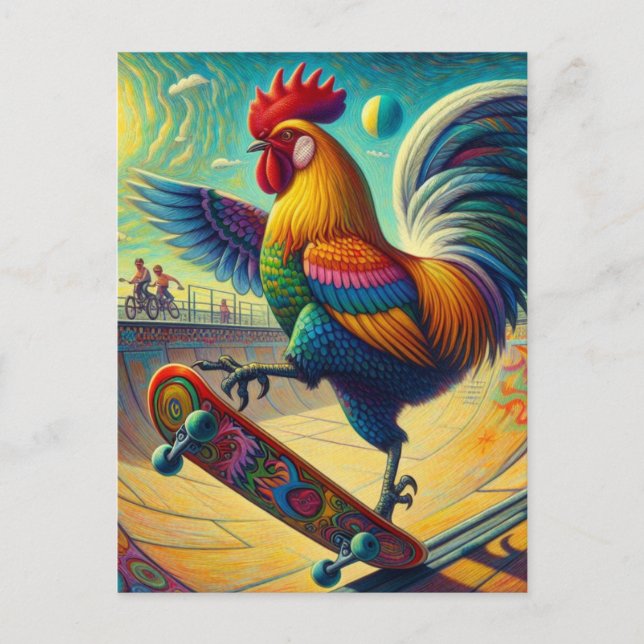 Cartão Postal Skateboard Colorida Rooster (Frente)