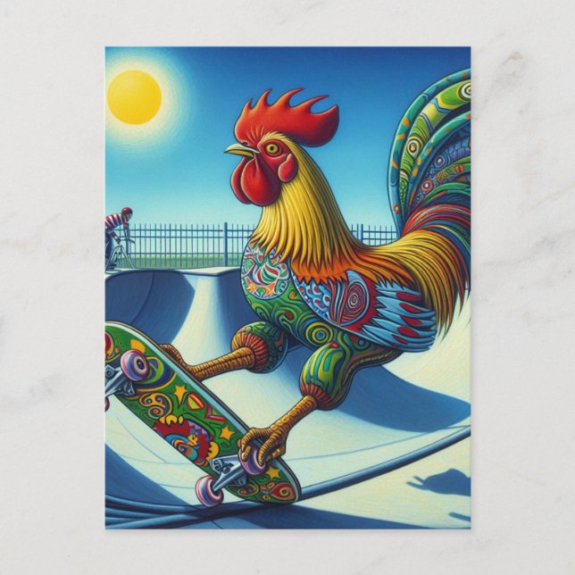 Cartão Postal Skateboard Colorida Rooster (Frente)