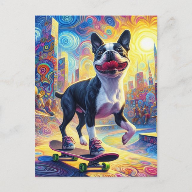 Cartão Postal Skateboard Colorida Surreal Boston Terrier (Frente)