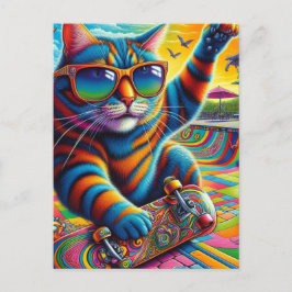 Cartão Postal Skateboard de Gato Colorido
