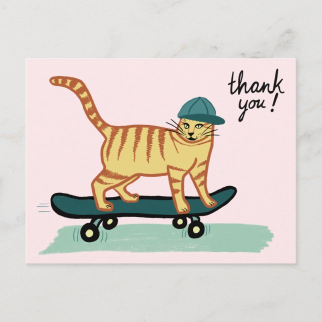 Cartão Postal Skateboard Tabby Cat OBRIGADO (Frente)