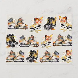 Cartão Postal Skates de gelo de aquarela com padrão de Folhas de