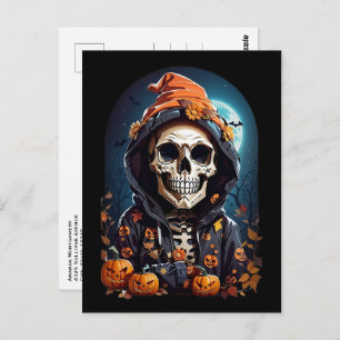 Cartão Postal Skeleton assustador e Autumn Pumpkins