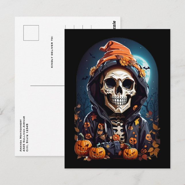 Cartão Postal Skeleton assustador e Autumn Pumpkins (Frente/Verso)