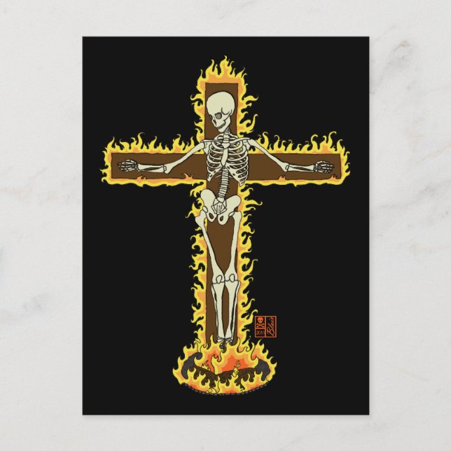 Cartão Postal Skeleton Burning na Tatuagem do Dia das Bruxas atr (Frente)