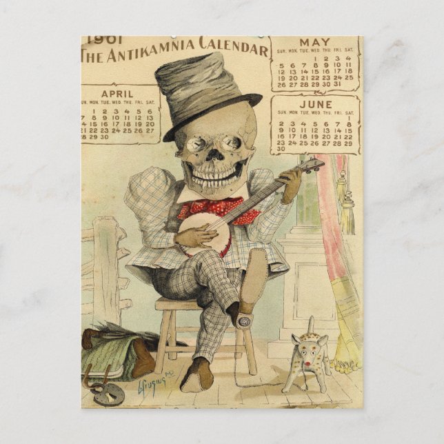 Cartão Postal SKELETON Dude, Gótico, Jogador de Banjo, Calendári (Frente)