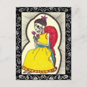 Cartão Postal Skeleton Girl no Red Velvet Cadeira