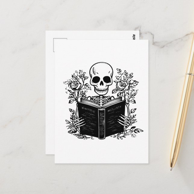 Cartão Postal Skeleton lendo livro romântico (Frente/Verso In Situ)