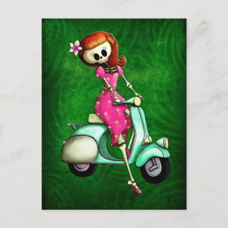 Cartão Postal Skeleton Pin Up Girl no Patinete