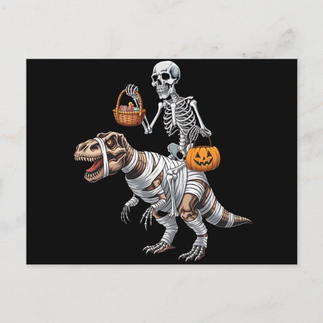 Cartão Postal Skeleton Riding Mummy Dinosaur T rex Halloween (Frente)