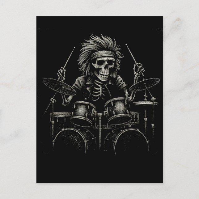 Cartão Postal Skeleton Rock Drummer - Música Spooky Halloween (Frente)