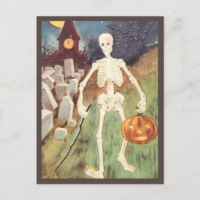 Cartão Postal Skeleton Segurando Pumpkin - Vintage Halloween (Frente)