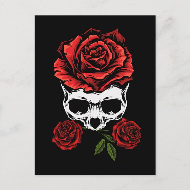 Cartão Postal Skeleton Skull com Rosas Morte Floral Romântica (Frente)