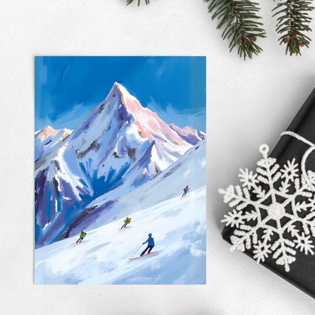 Cartão Postal Ski Mountain Slopes Winter Watercolor (Criador carregado)