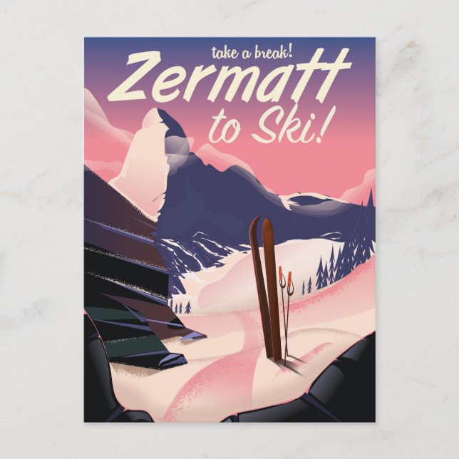 Cartão Postal Ski Zermatt - poster de retro de férias (Frente)