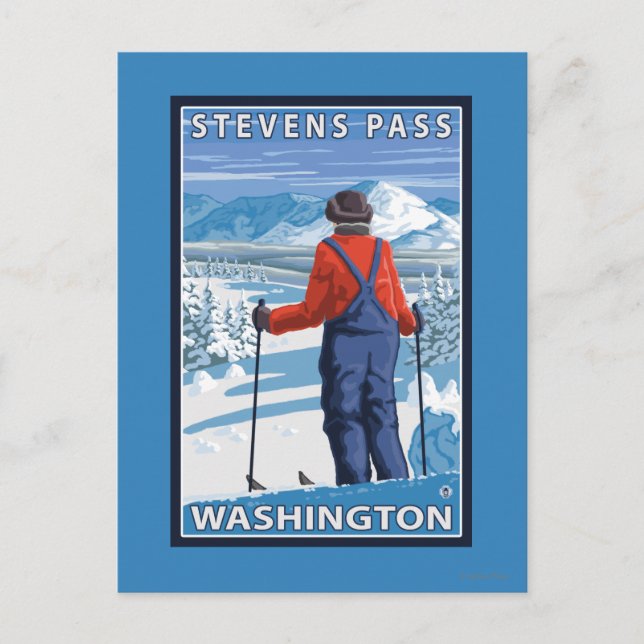 Cartão Postal Skier Adminning - Stevens Pass, Washington (Frente)