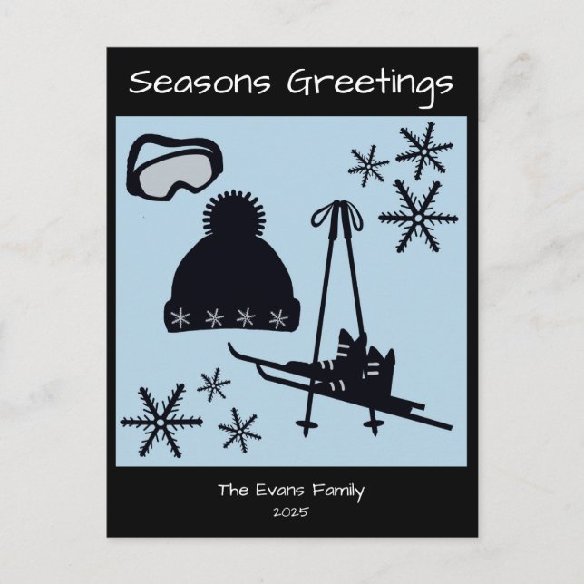 Cartão Postal Skis, hat, goggles & snowflakes holiday (Frente)