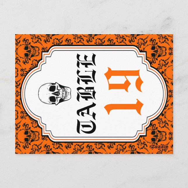Cartão Postal Skulls damask laranja, número preto da mesa de cas (Verso)