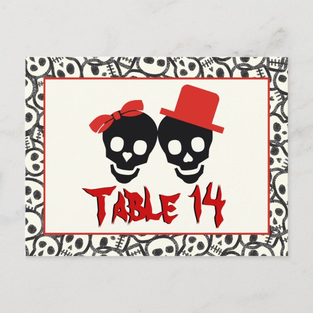 Cartão Postal Skulls Halloween - vermelho da mesa de casamento (Frente)