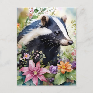 Cartão Postal Skunk Floral Portrait Art