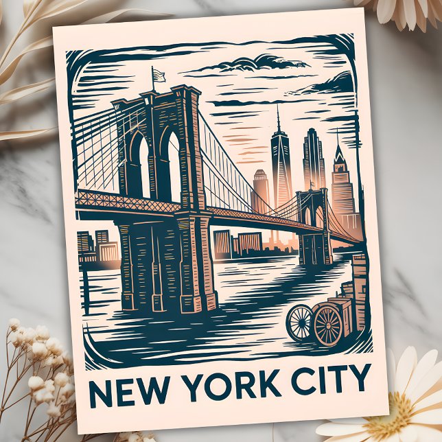 Cartão Postal Skyline Retroativo da Ponte do Nova Iorque Brookly (New York City Brooklyn Bridge Bold Retro Skyline Postcard)
