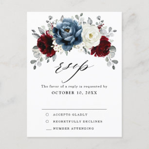 Cartão Postal Slate Blue Burgundy White Ivory Boho Wedho RSVP