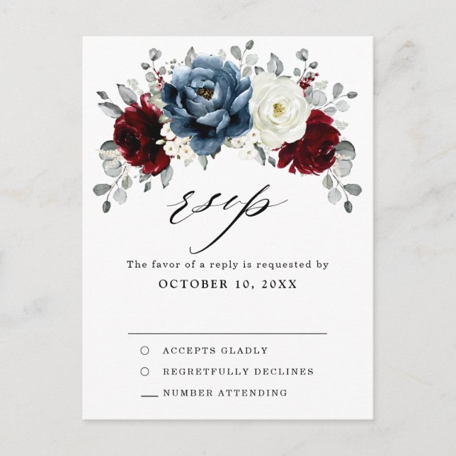 Cartão Postal Slate Blue Burgundy White Ivory Boho Wedho RSVP (Frente)